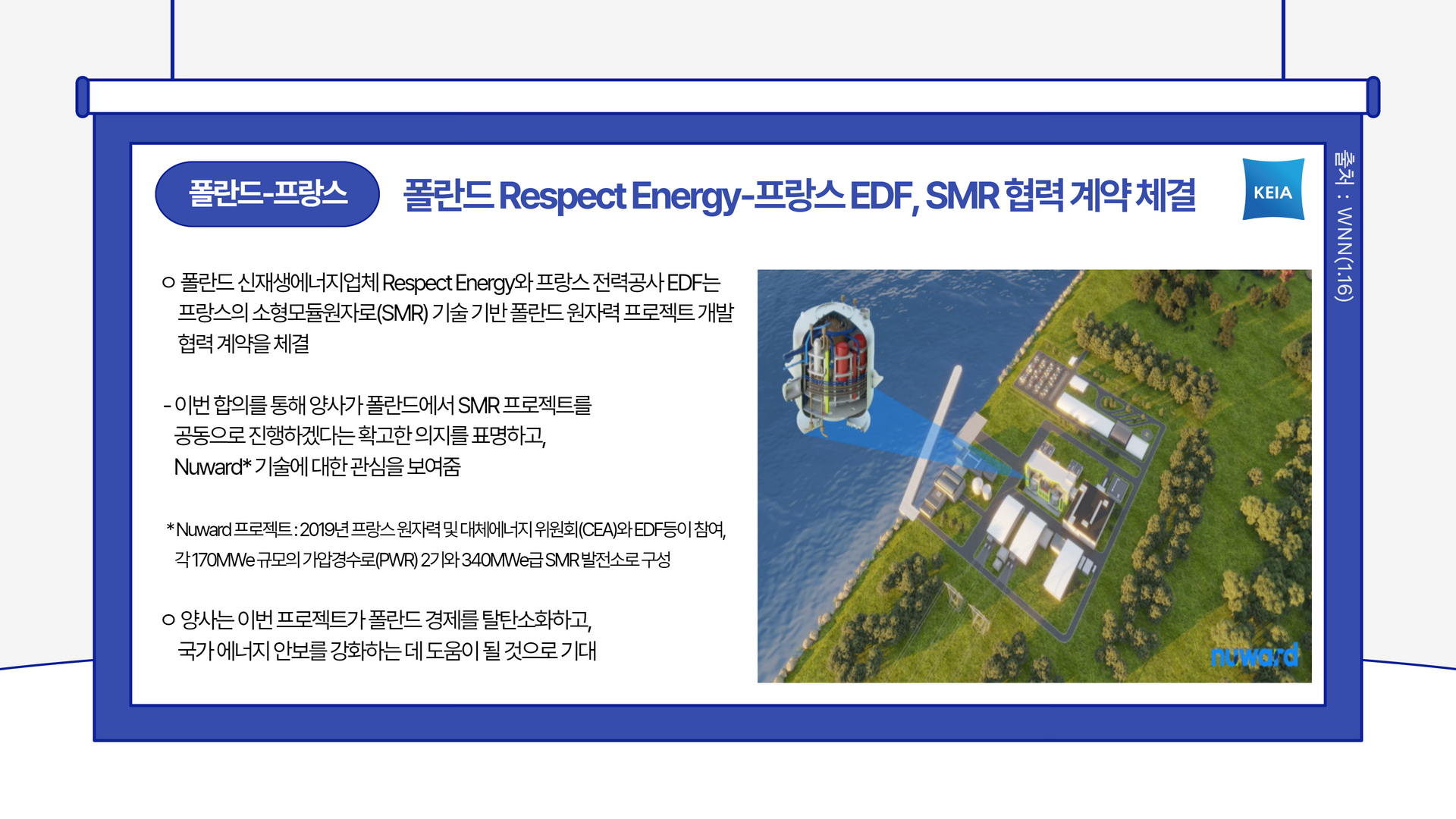 폴란드 Respect Energy-프랑스 EDF, SMR 협력 계약 체결 폴란드 신재생에너지업체 Respect Energy와 프랑스 전력공사 EDF는 프랑스의 소형모듈원자로(SMR) 기술 기반 폴란드 원자력 프로젝트 개발 협력 계약을 체결 이번 합의를 통해 양사가 폴란드에서 SMR 프로젝트를 공동으로 진행하겠다는 확고한 의지를 표명하고, Nuward 기술에 대한 관심을 보여줌 Nuward 프로젝트 2019년 프랑스 원자력 및 대체에너지 위원회(CEA)와 EDP 등이 참여, 각 170MWe 규모의 가압경수로(PWR) 2기와 340MWe급 SMR 발전소로 구성 양사는 이번 프로젝트가 폴란드 경제를 탈탄소화하고, 국가 에너지 안보를 강화하는 데 도움이 될 것으로 기대
