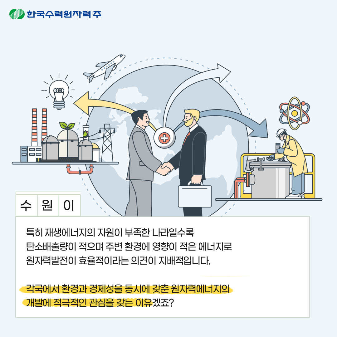 특히 재생에너지의 자원이 부족한 나라일수록 탄소배출량이 적으며 주변 환경에 영향이 적은 에너지로 원자력발전이 효율적이라는 의견이 지배적입니다. 각국에서 환경과 경제성을 동시에 갖춘 원자력에너지의 개발에 적극적인 관심을 갖는 이유겠죠?