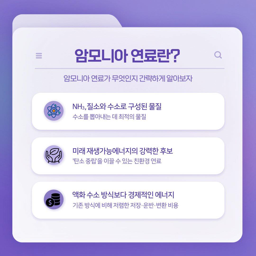 암모니아 연료란? 암모니아 연료가 무엇인지 간략하게 알아보자 NH3, 질소와 수소로 구성된 물질 수소를 뽑아내는 데 최적의 물질 미래재생가능에너지의 강력한 후보 탄소중립을 이끌 수 있는 친환경 연료 액화 수소 방식보다 경제적인 에너지 기존 방식에 비해 저렴한 저장.운반.변환 비용