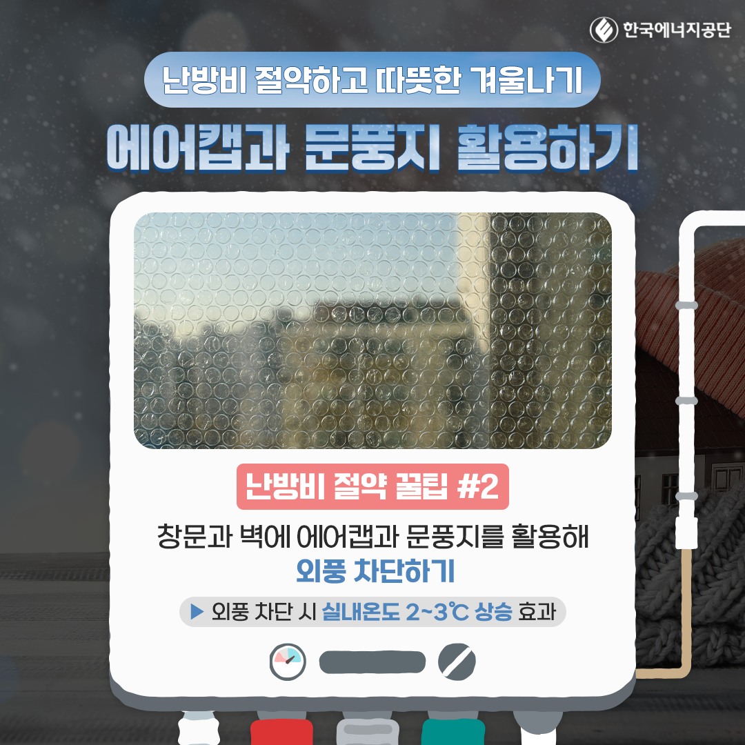 에어캡과 문풍지 활용하기 난방비 절약 꿀팁 #2 창문과 벽에 에어캡과 문풍지를 활용해 외풍 차단하기 외풍 차단 시 실내온도 2~3C 상승 효과