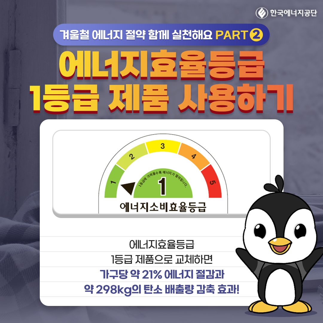 에너지효율등급 1등급 제품 사용하기 12345 1등급에 가까울수록 에너지가 절약됩니다. 에너지소비효율등급 1등급 제품으로 교체하면 가구당 약 21% 에너지 절감과 약 298kg의 탄소 배출량 감축 효과!