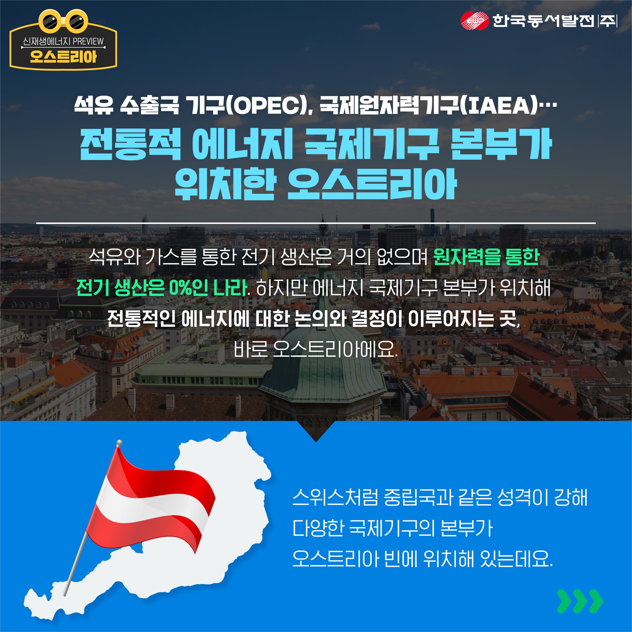 석유수출국기구(OPEC) 국제원자력기구(IAEA) 전통적 에너지 국제기구 본부가 위치한 오스트리아 석유와 가스를 통한 전기 생산은 거의 없으며 원자력을 통한 전기 생산은 0%인 나라 하지만 에너지 국제기구 본부가 위치해 전통적인 에너지에 대한 논의와 결정이 이루어지는 곳 바로 오스트리아에요 스위스처럼 중립국과 같은 성격이 강해 다양한 국제기구의 본부가 오스트리아 빈에 위치해 있는데요.