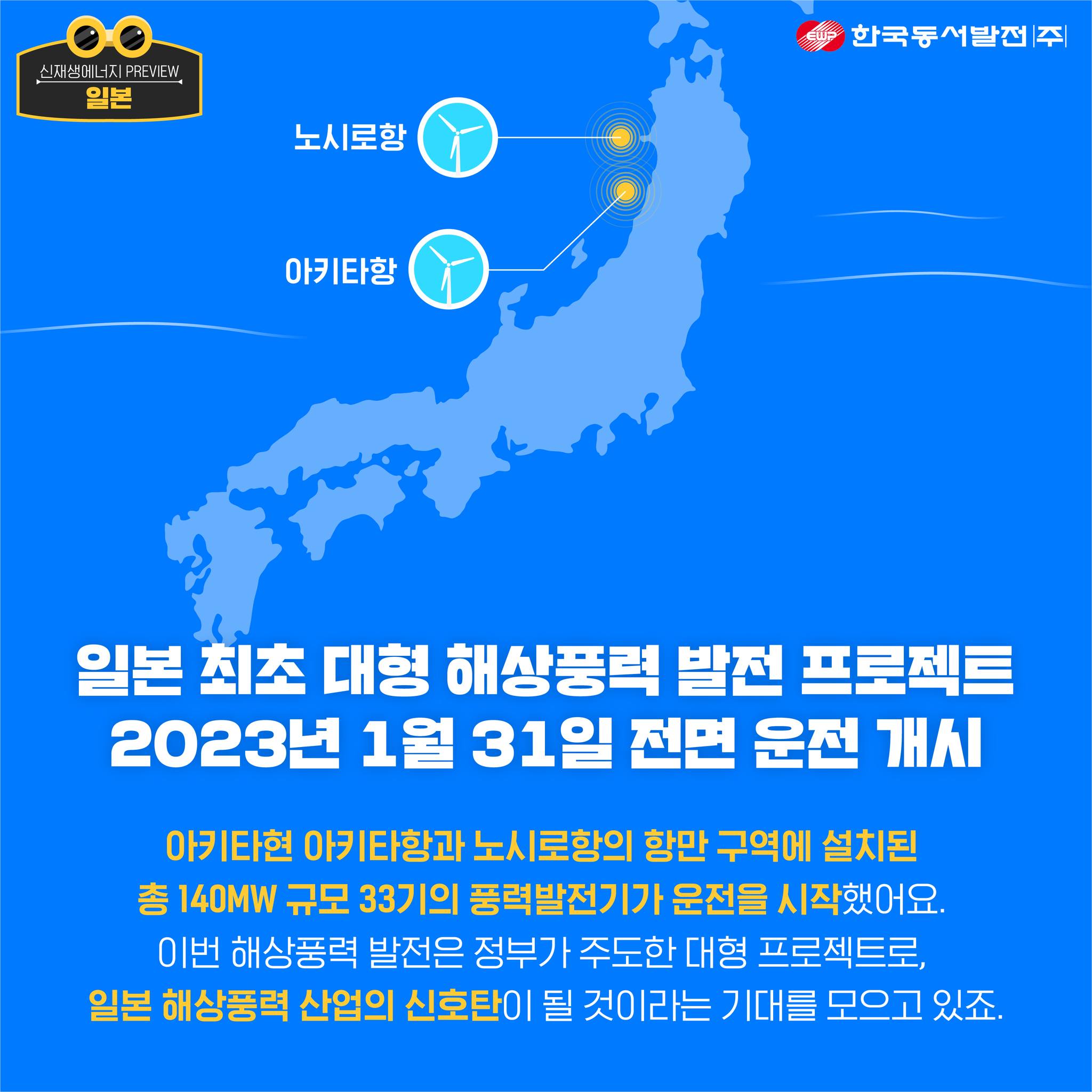 노시로함  아키타항  일본 최초 대형 해상풍력 발전 프로젝트2023년 1월 31일 전면 운전 개시  아키타현 아키타항과 노시로항의 항만구역에 설치된총 140MW 규모 33기의 풍력발전기가 운전을 시작했어요.이번 해상풍력 발전은 정부가 주도한 대형 프로젝트로,일본 해상풍력 산업의 신호탄이 될 것이라는 기대를 모으고 있죠.